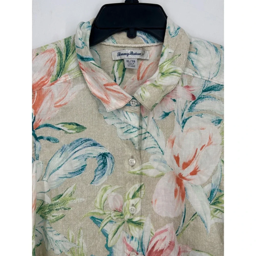 Tommy Bahama Womens XL Beige Floral 100% Linen Sleeveless Shirt Dress - CJ